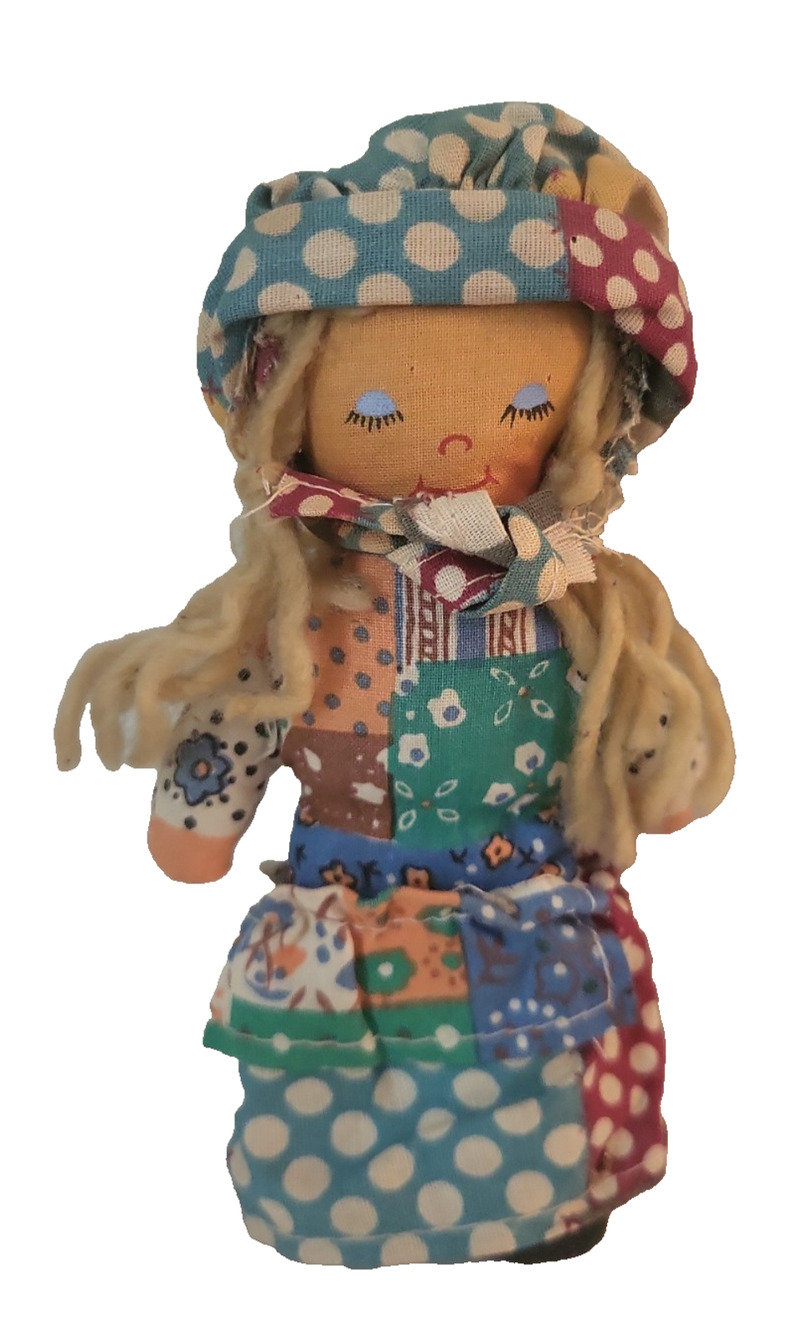 Vintage Ocean Toys cloth girl Rag Doll Yarn Hair Multicolor Patchwork Dress 6.5"
